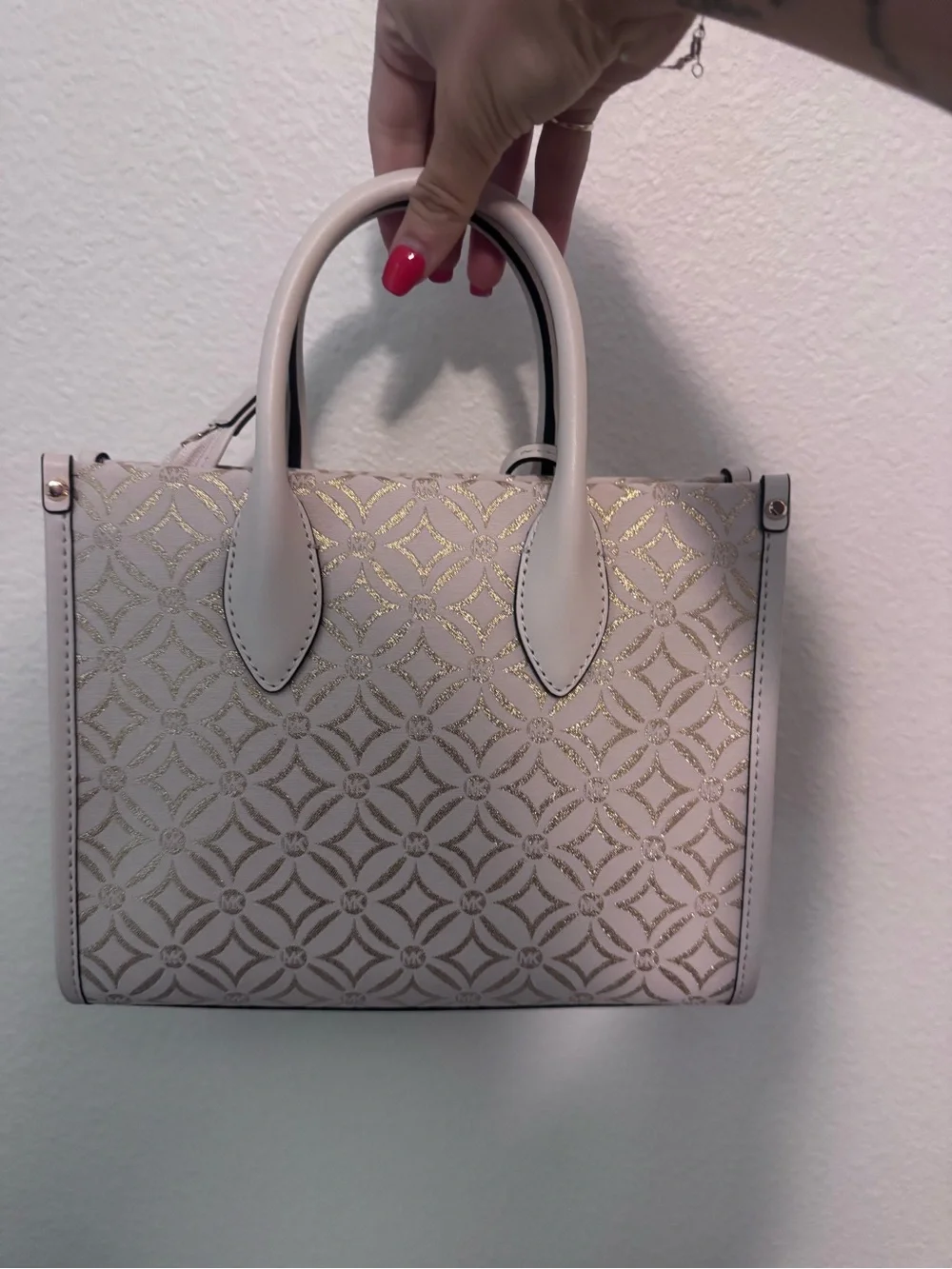 Michael Kors Cream Embossed Logo Satchel with Gold Accents